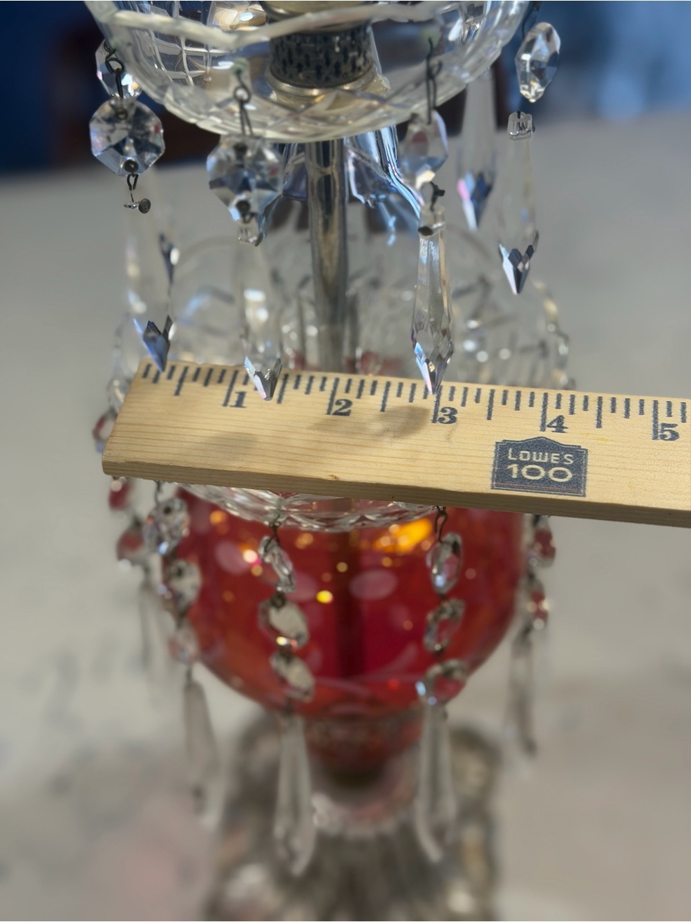 Vintage Pair GIM Cranberry Glass Hurricane Candle Lamps Crystal Prisms Boudoir - Picture 10 of 16